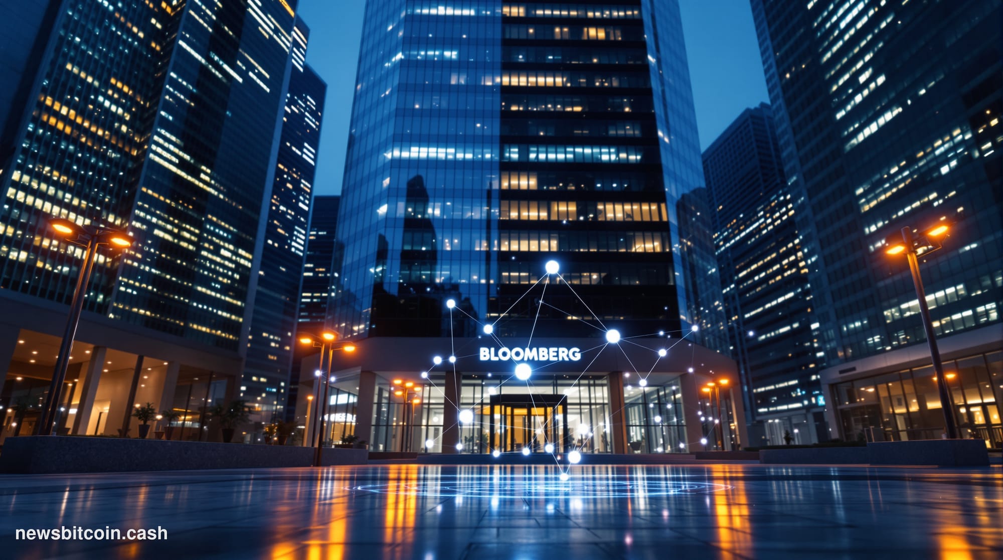 Cinematic photorealistic editorial photograph of a monumental glass-and-steel financial district skyscraper shot from a low a