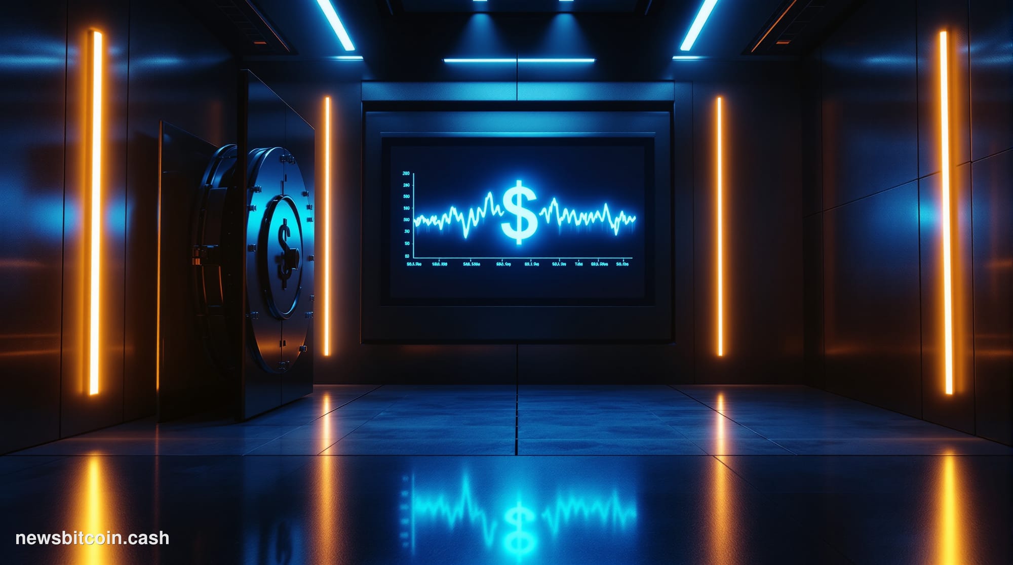 A cinematic photorealistic editorial photograph set inside a dimly lit financial operations center, where a large central mon