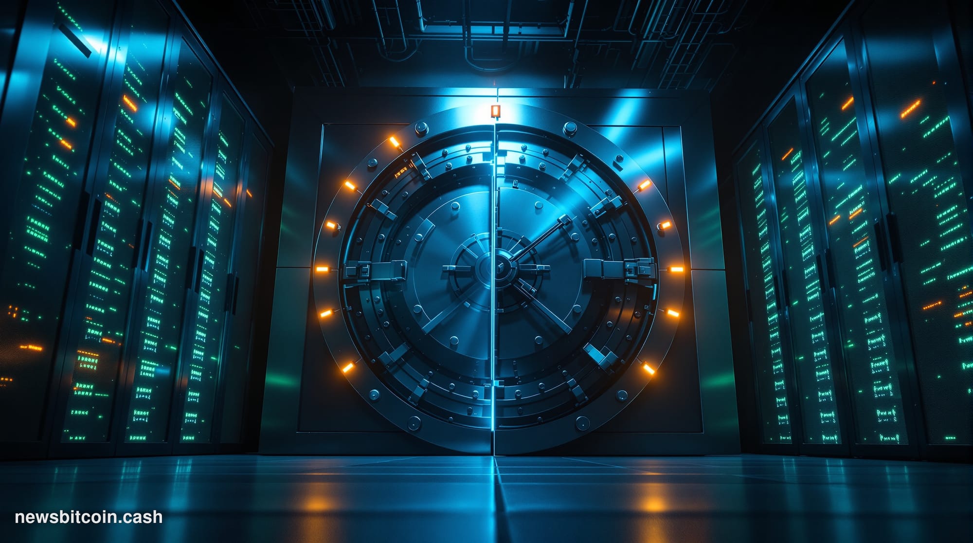A cinematic photorealistic editorial photograph of a physical bank vault door, heavy and industrial, standing half-open in a 