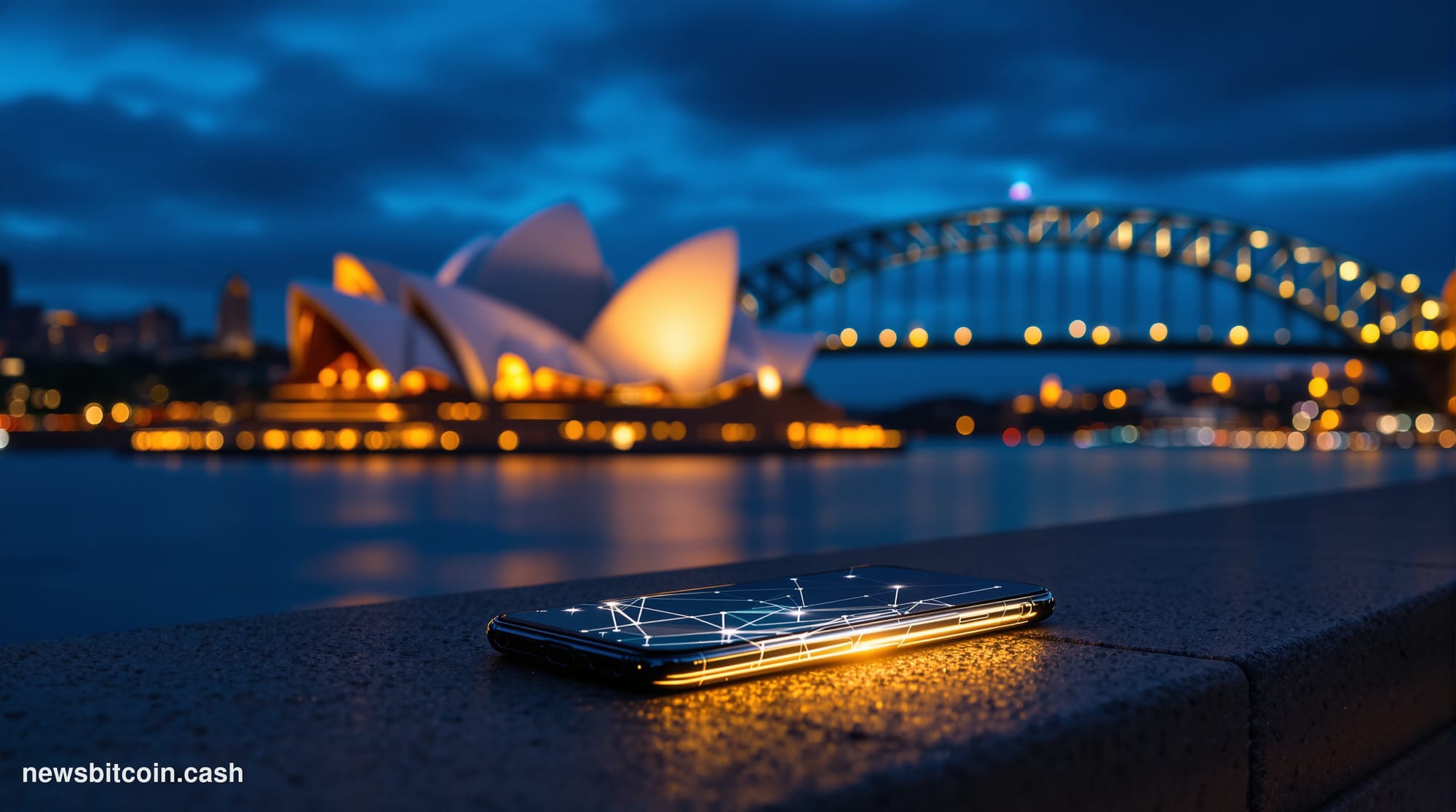 Cinematic photorealistic editorial photograph of the Sydney Opera House and Harbour Bridge at dusk, viewed from a low camera 