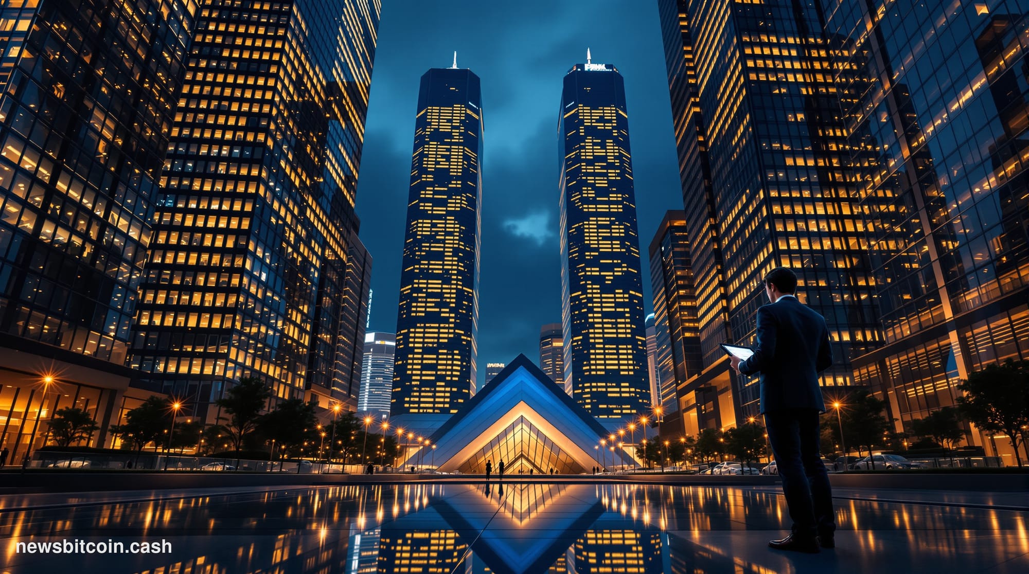 Cinematic photorealistic editorial photograph of the Tokyo financial district at dusk, shot from street level looking up at g