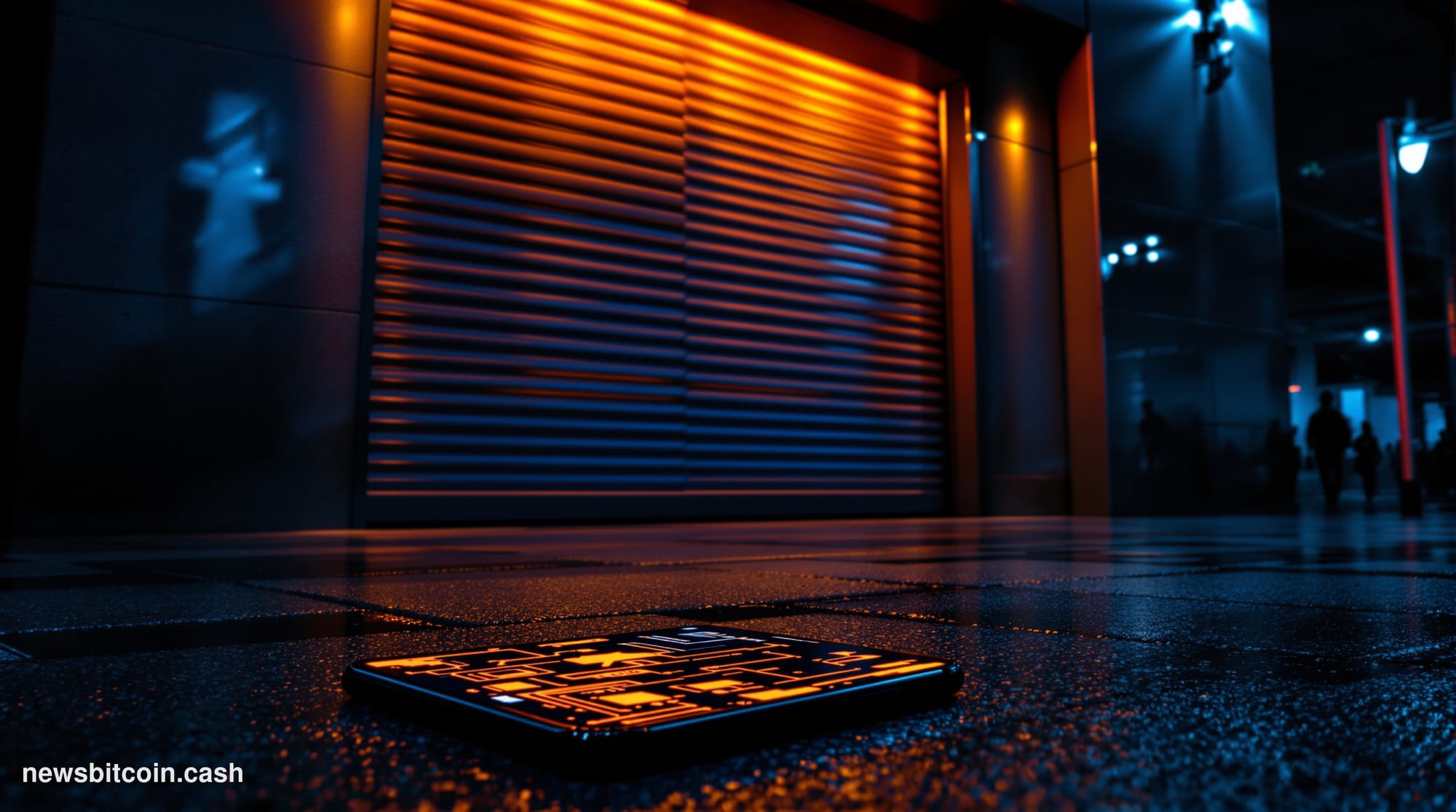 Cinematic photorealistic editorial photograph of a shuttered fintech office entrance, heavy steel doors closed with a reflect