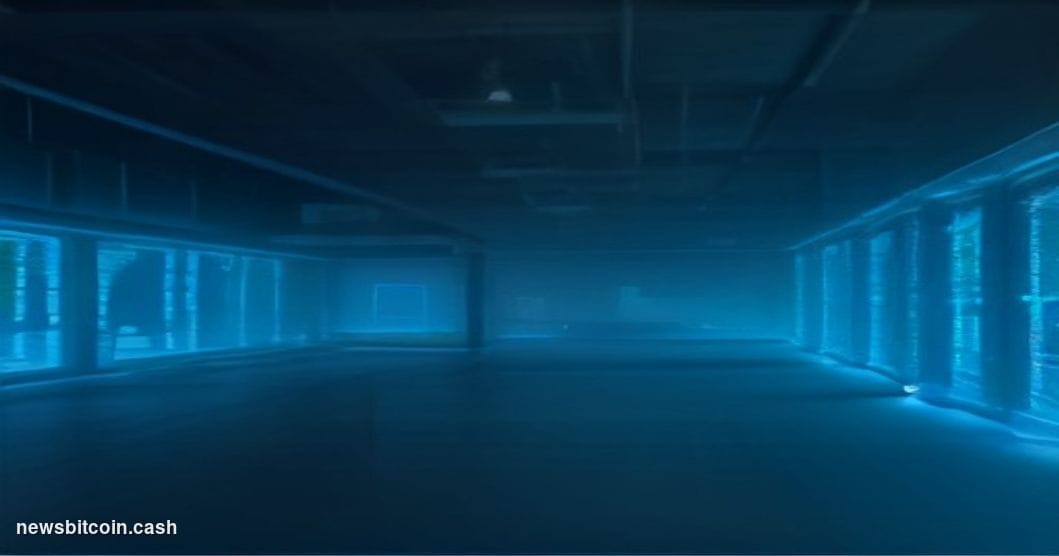 Cinematic photorealistic editorial photograph of a darkened server room bathed in cold blue light, with a single monitor in t