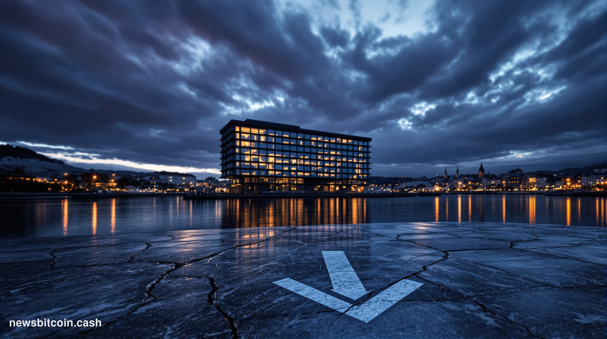 Cinematic photorealistic editorial photograph of the Oslo waterfront at dusk, with the Norwegian government quarter's moderni
