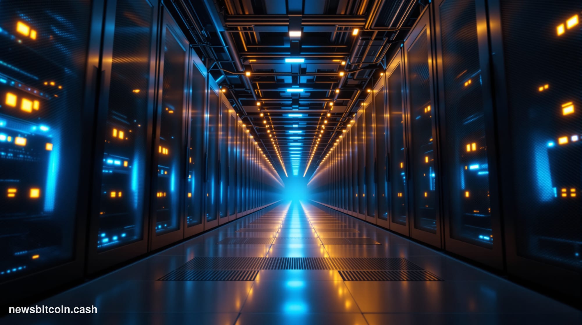 Cinematic photorealistic editorial photograph of a massive data center corridor shot from a low angle, dramatic cool blue and