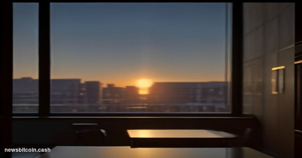 Cinematic photorealistic editorial photograph of a dramatic split-scene composition: in the foreground, a glowing Bitcoin "₿"