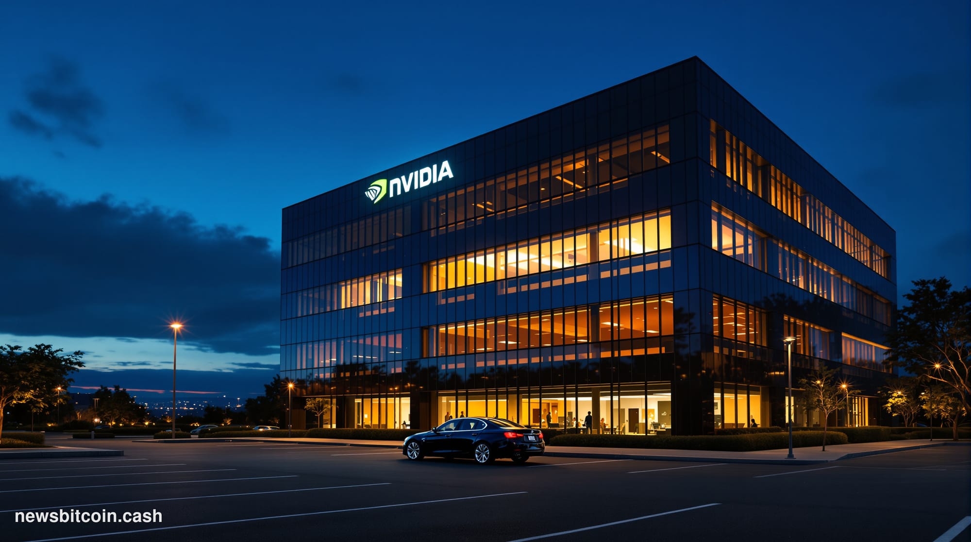 Cinematic photorealistic editorial photograph of the Nvidia corporate headquarters in Santa Clara, California, shot at dusk f