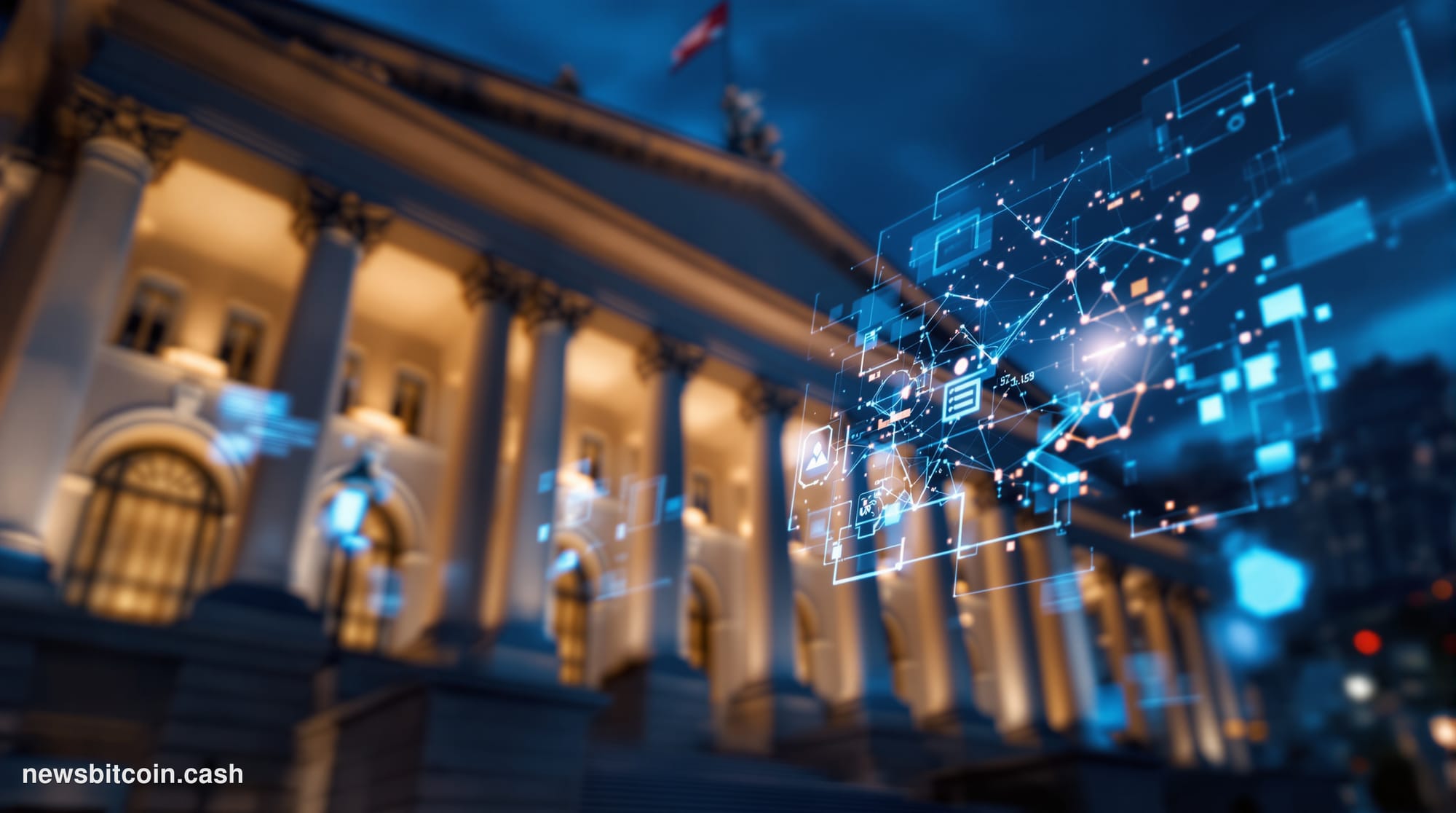 Cinematic photorealistic editorial photograph of New York City Hall's iconic neoclassical facade shot from a low angle at dus