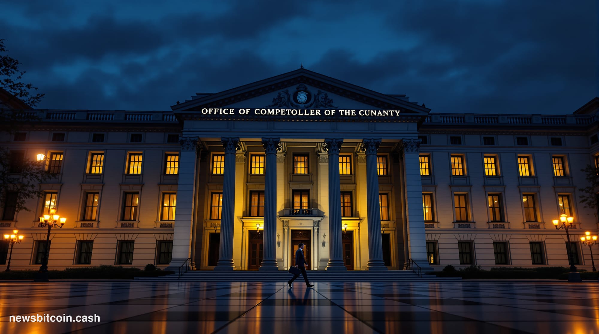 Cinematic photorealistic editorial photograph of the Office of the Comptroller of the Currency headquarters building in Washi