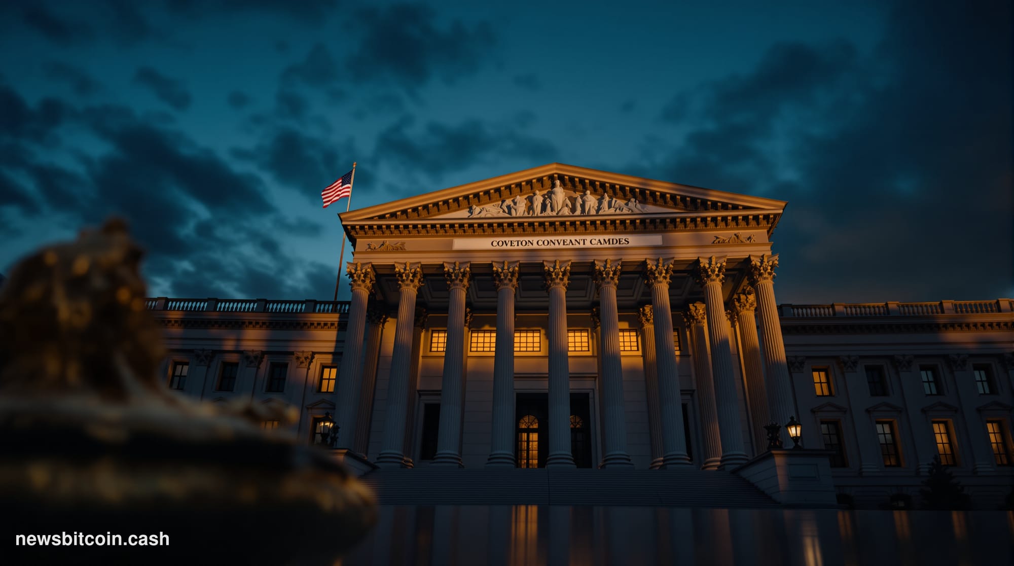Cinematic photorealistic editorial photograph of the Office of the Comptroller of the Currency's neoclassical Washington D.C.