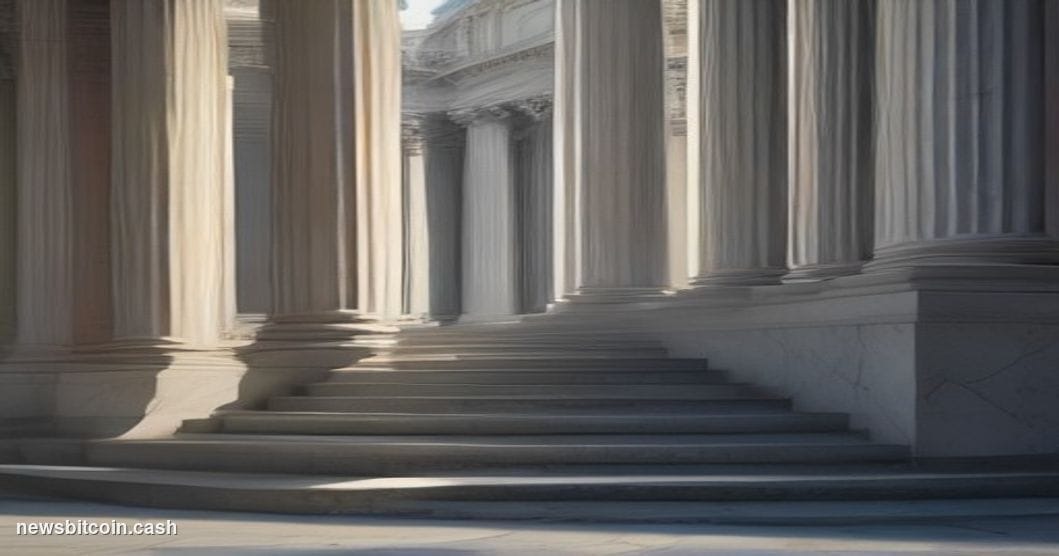 A cinematic photorealistic editorial photograph of the imposing neoclassical facade of a federal banking regulator building i