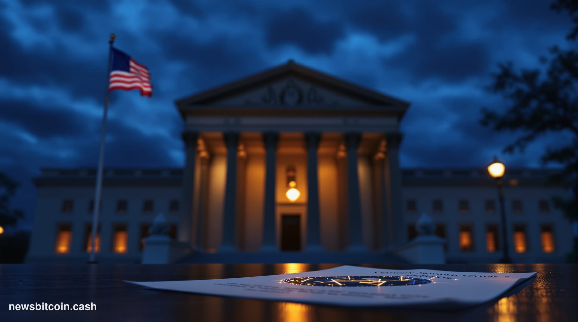 Cinematic photorealistic editorial photograph of the historic OCC headquarters building in Washington D.C. — a neoclassical s