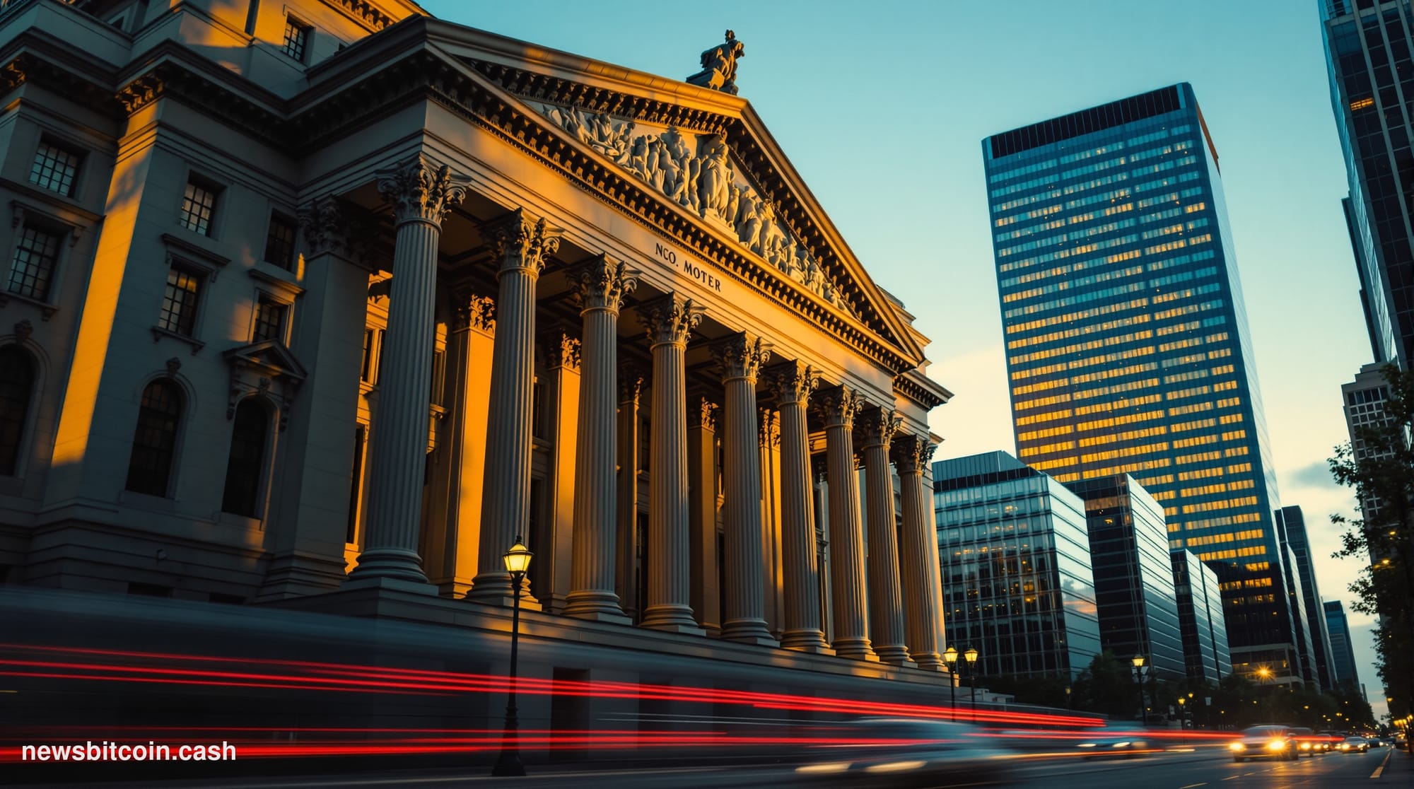 Cinematic photorealistic editorial photograph of the neoclassical facade of the Office of the Comptroller of the Currency hea