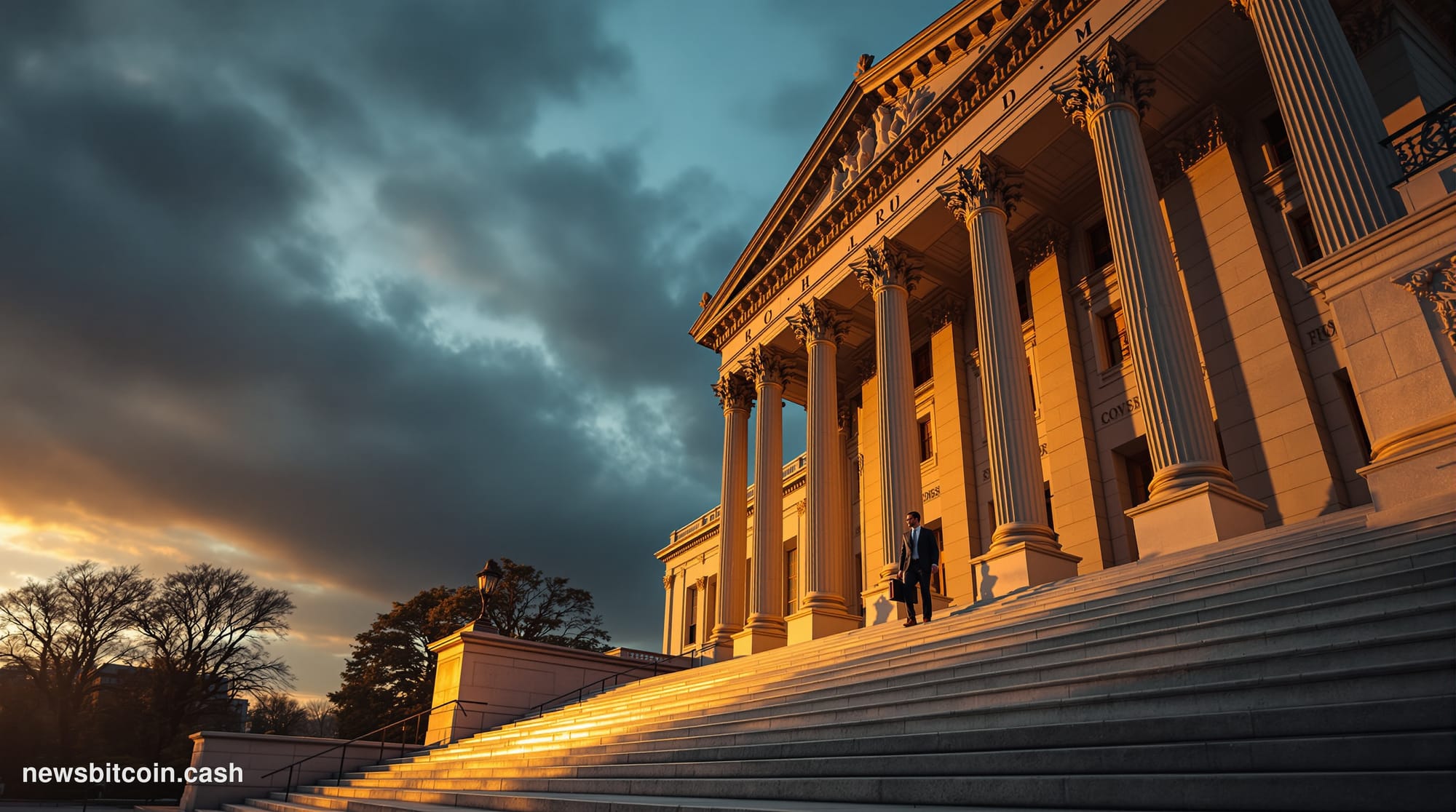 Cinematic photorealistic editorial photograph of the Office of the Comptroller of the Currency headquarters building in Washi