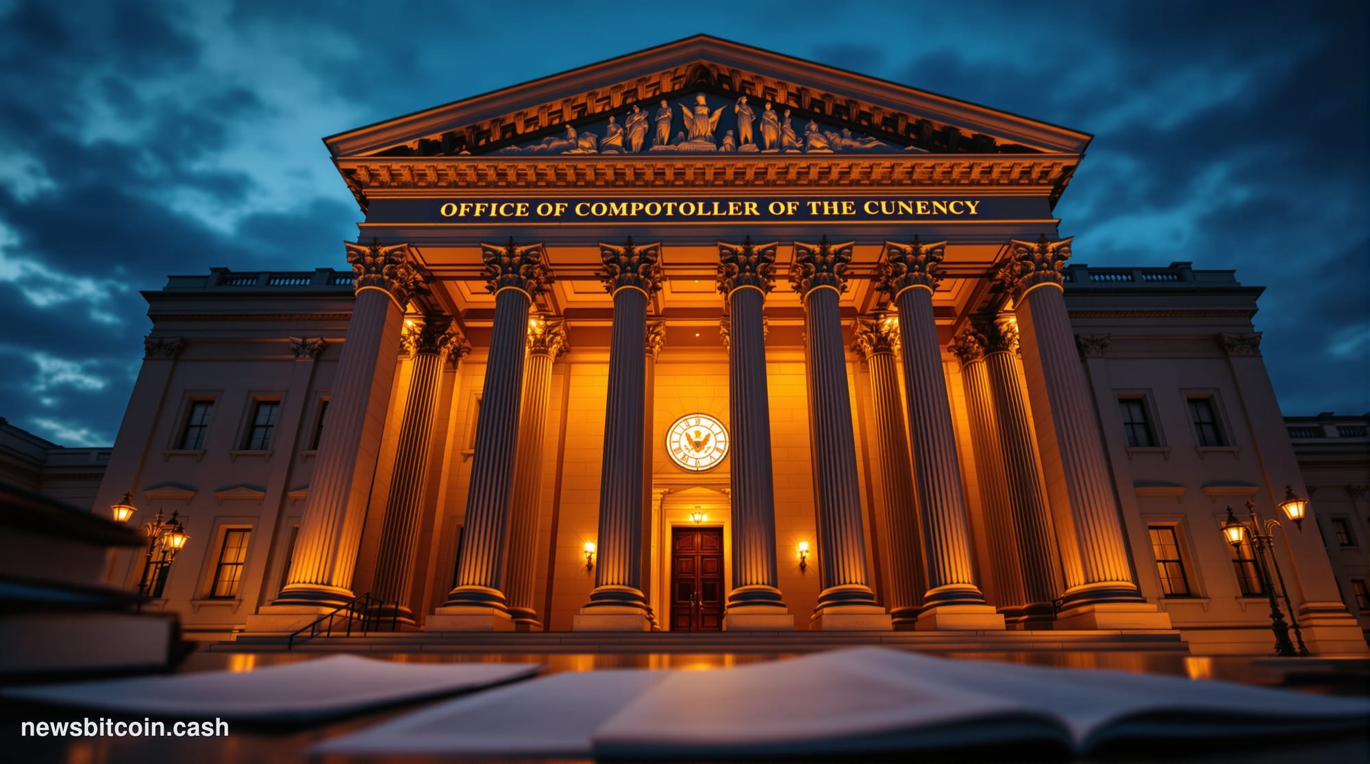 Cinematic photorealistic editorial photograph of the stately neoclassical facade of the Office of the Comptroller of the Curr