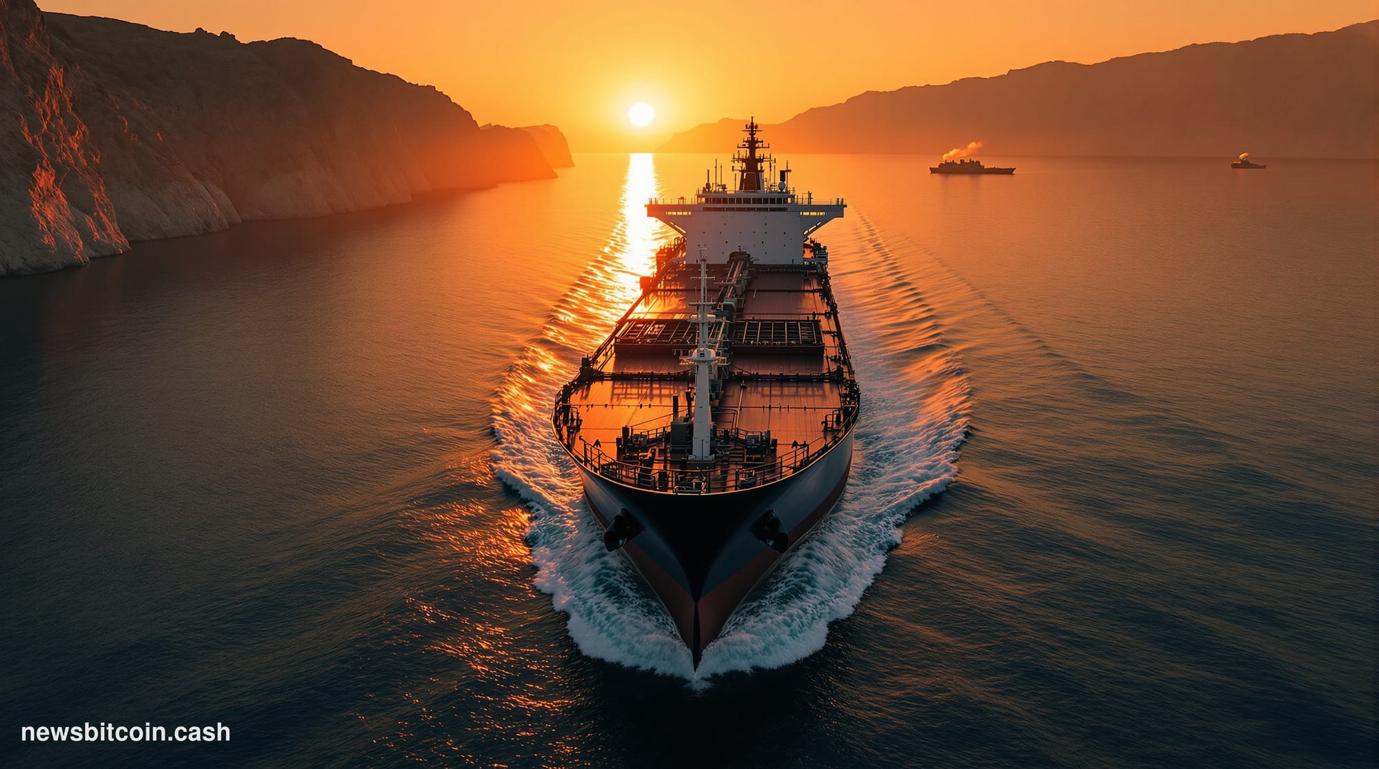 Cinematic photorealistic editorial photograph of a supertanker navigating the narrow, sun-scorched waters of the Strait of Ho