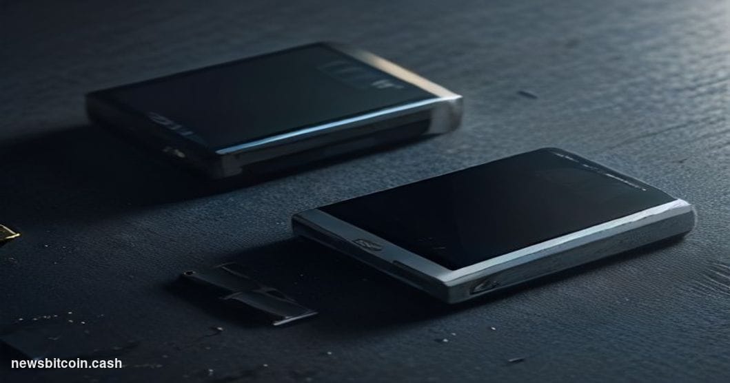 Cinematic photorealistic editorial photograph of two hardware cryptocurrency wallets — one resembling a Ledger device and one