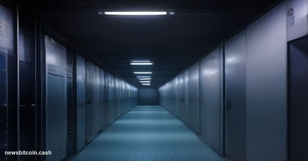 A cinematic photorealistic editorial photograph of a data center corridor plunged into near-darkness, lit only by the cold bl