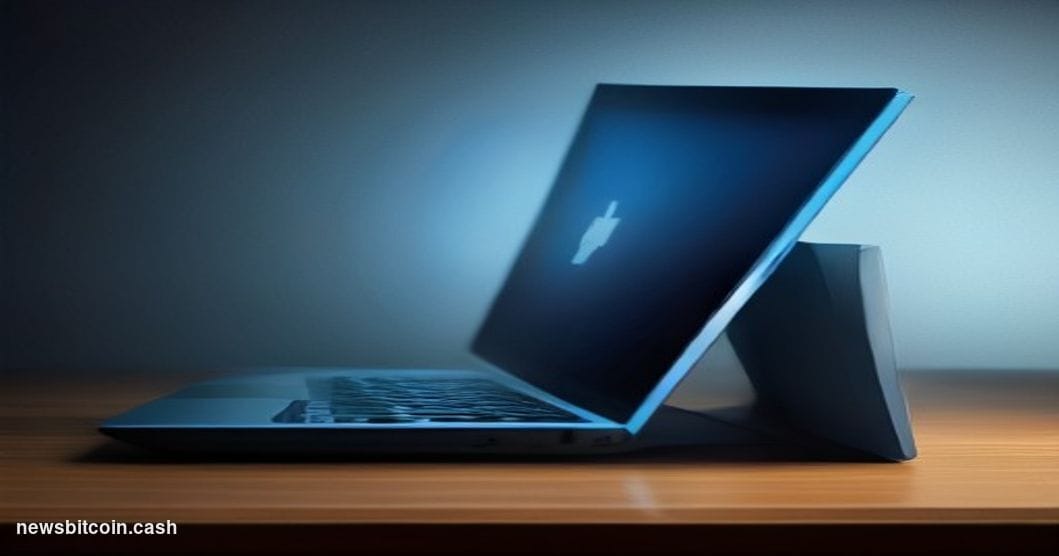 Cinematic photorealistic editorial photograph of a sleek laptop screen glowing in a darkened room, displaying a blue bird ico