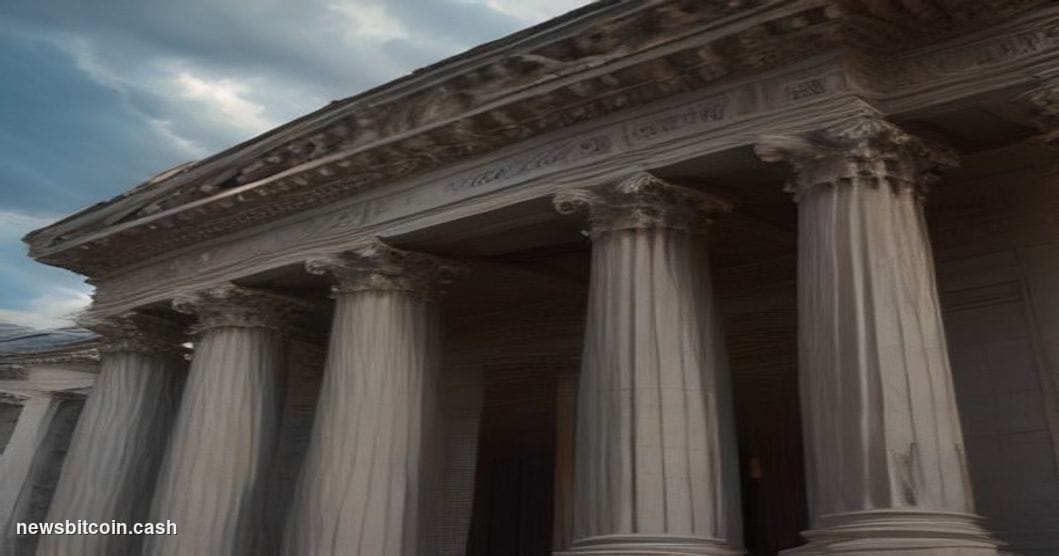 Cinematic photorealistic editorial photograph of the US Treasury Building in Washington D.C. at dusk, captured from a low ang