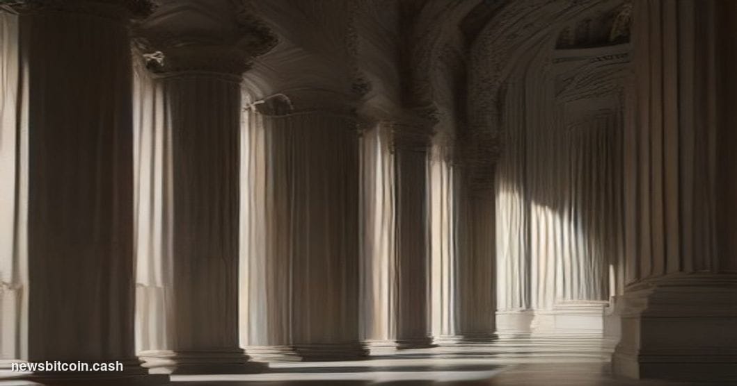 Cinematic photorealistic editorial photograph taken at ground level looking up at the US Department of the Treasury building 