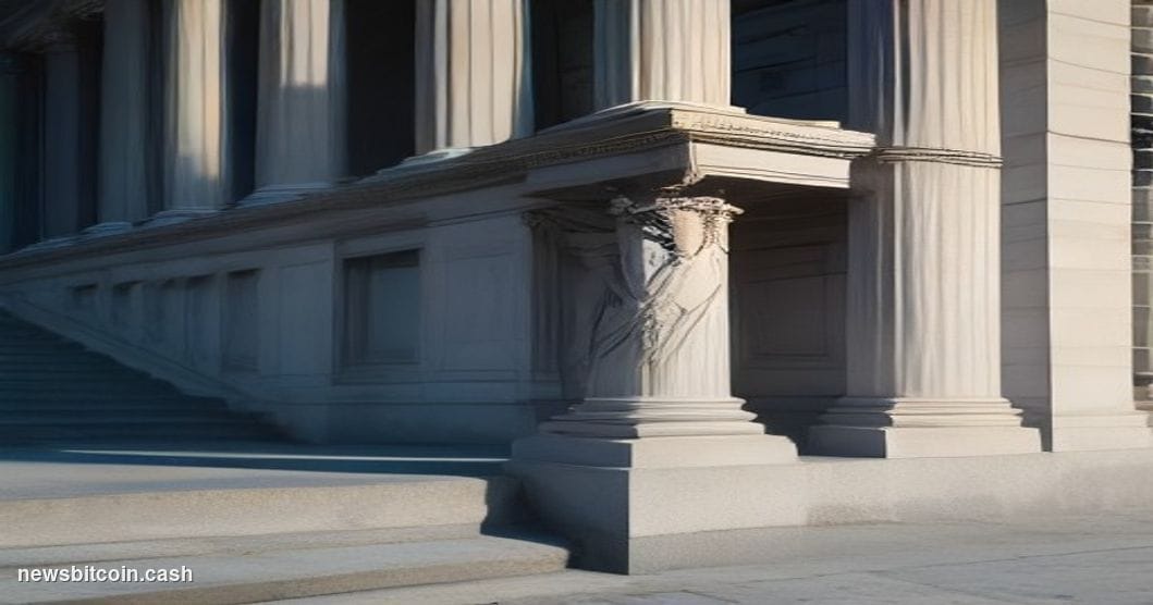 A cinematic photorealistic editorial photograph set in Washington D.C., with the U.S. Treasury Department building's neoclass