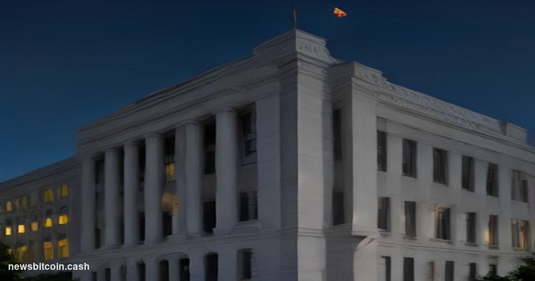 Cinematic photorealistic editorial photograph of the US Treasury Department building in Washington D.C., photographed at dusk