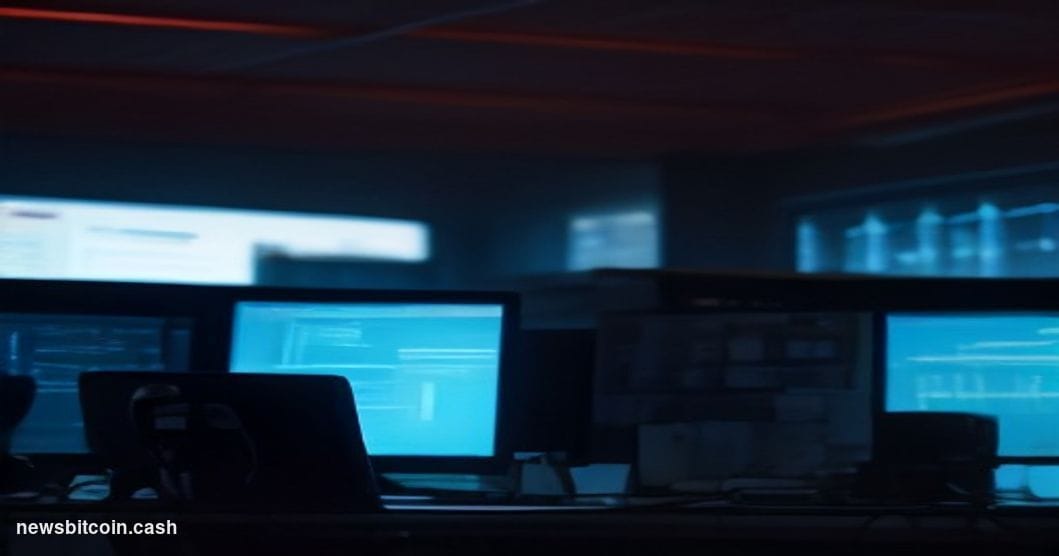 Cinematic photorealistic editorial photograph of a darkened law enforcement operations center, shot from a low angle looking 