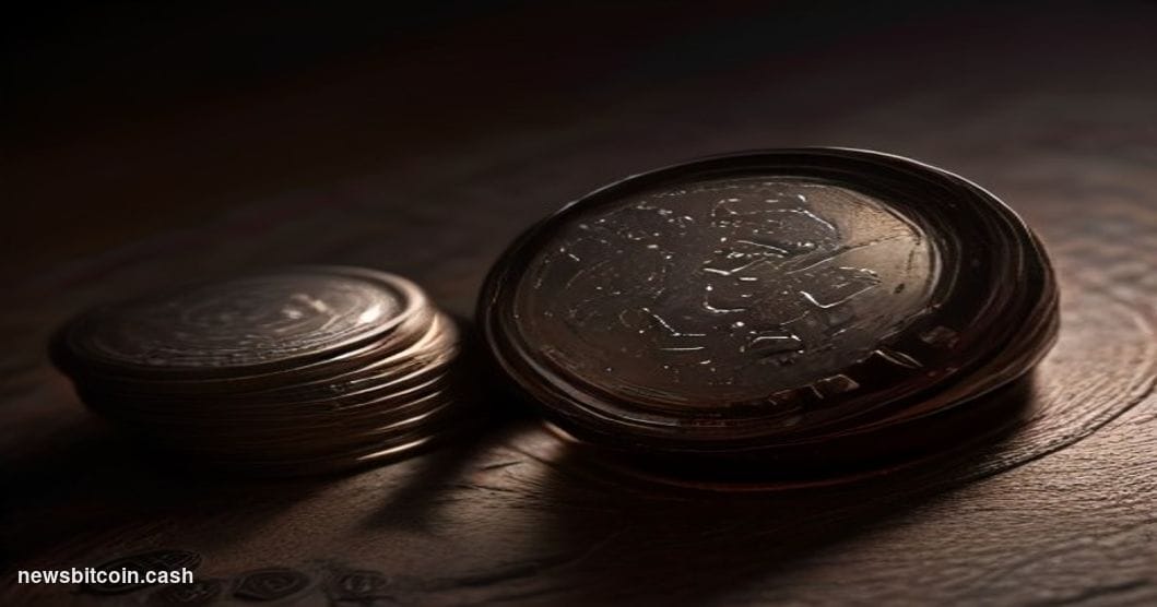 Cinematic photorealistic editorial photograph of a single gleaming physical Bitcoin coin resting on a dark mahogany surface, 