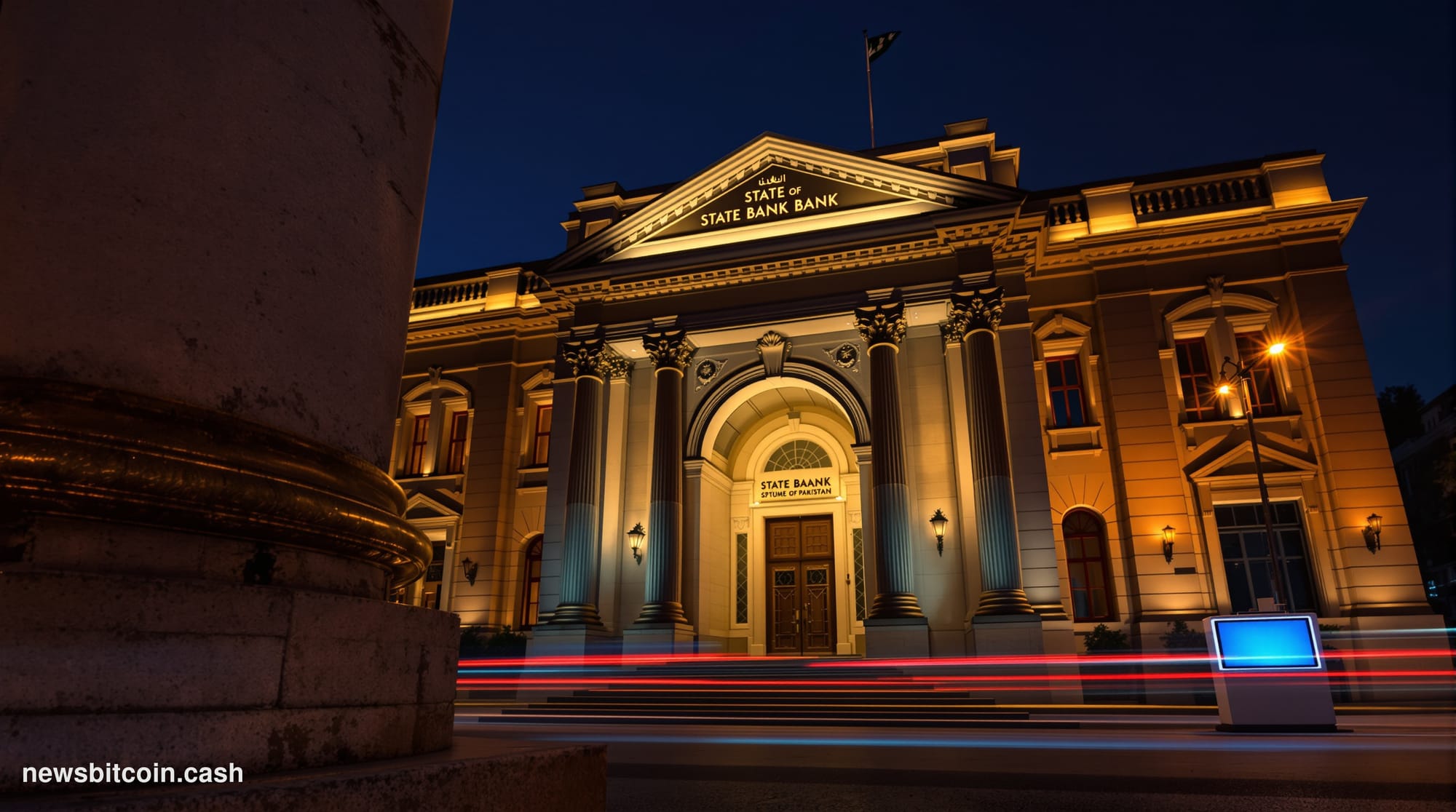 Cinematic photorealistic editorial photograph of the State Bank of Pakistan's iconic neoclassical headquarters building in Ka