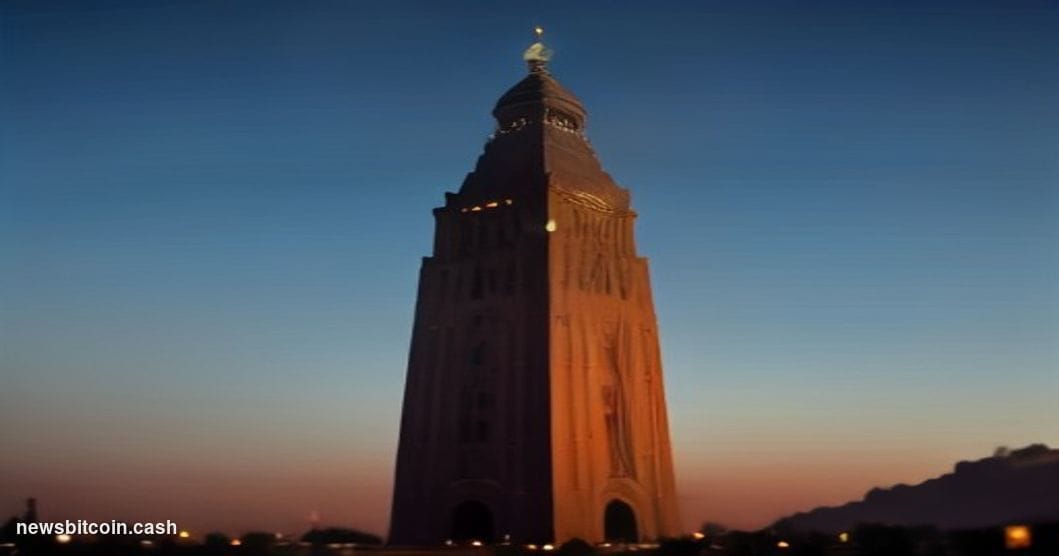 Cinematic photorealistic editorial photograph of the iconic Minar-e-Pakistan tower in Lahore at dusk, seen through a foregrou