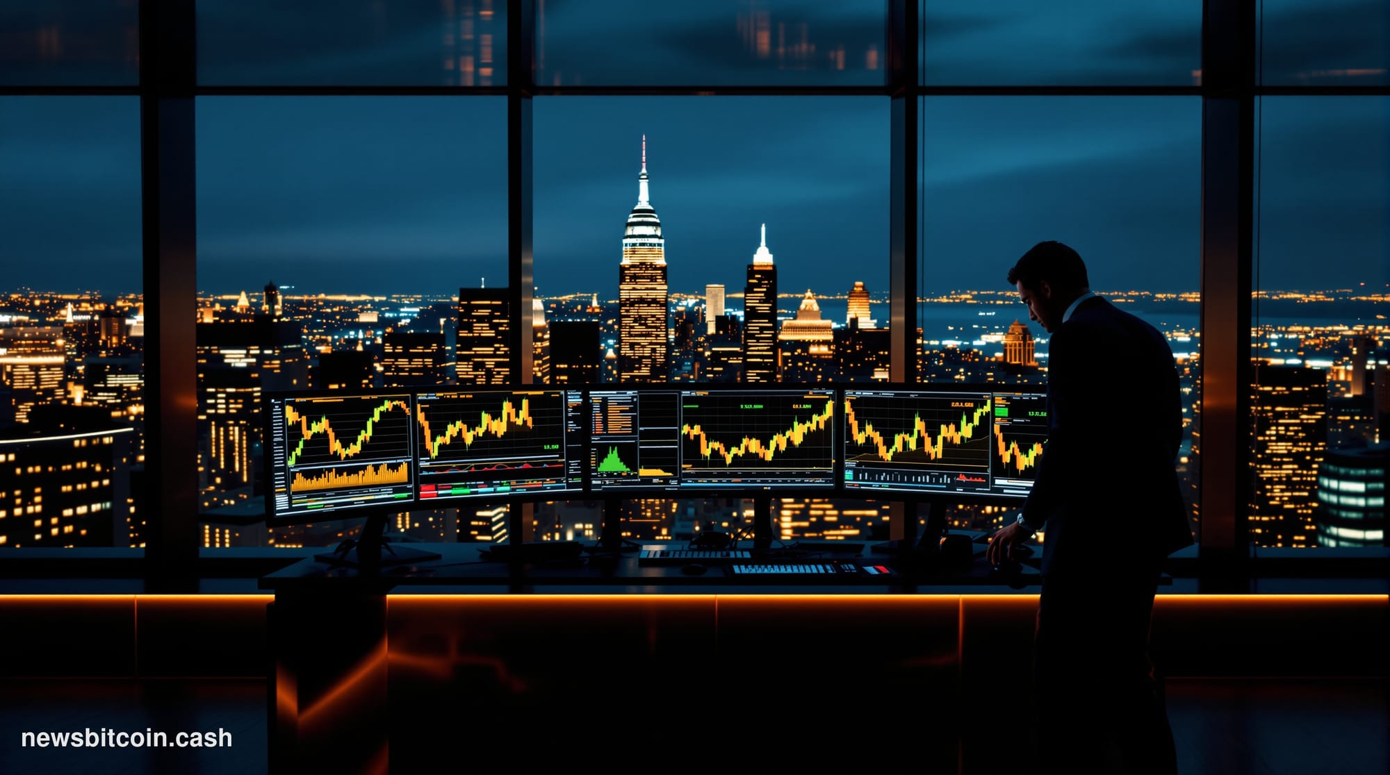 Cinematic photorealistic editorial photograph of a sleek, high-floor institutional trading floor in San Francisco at dusk, wi