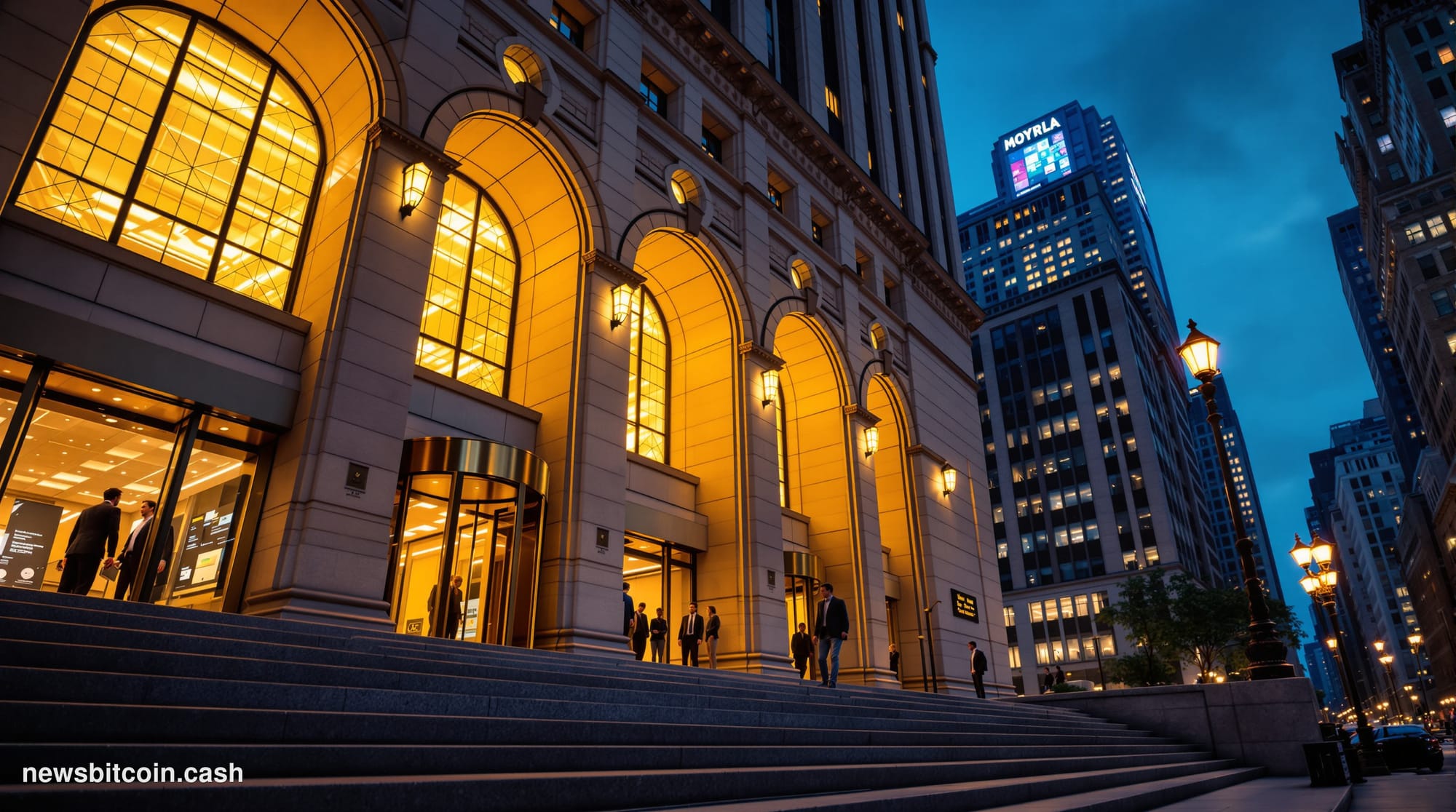 Cinematic photorealistic editorial photograph of a monumental Wall Street financial district streetscape at dusk, shot from a