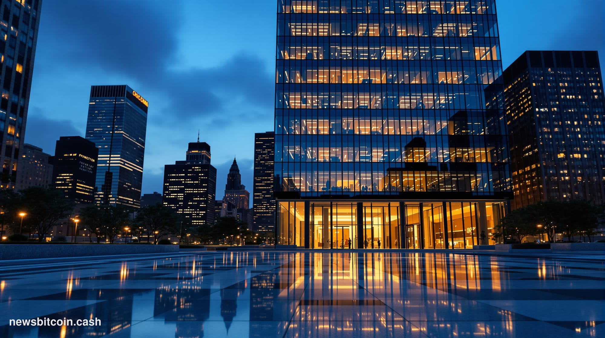 Cinematic photorealistic editorial photograph of the New York financial district at dusk, with the iconic glass facade of a m