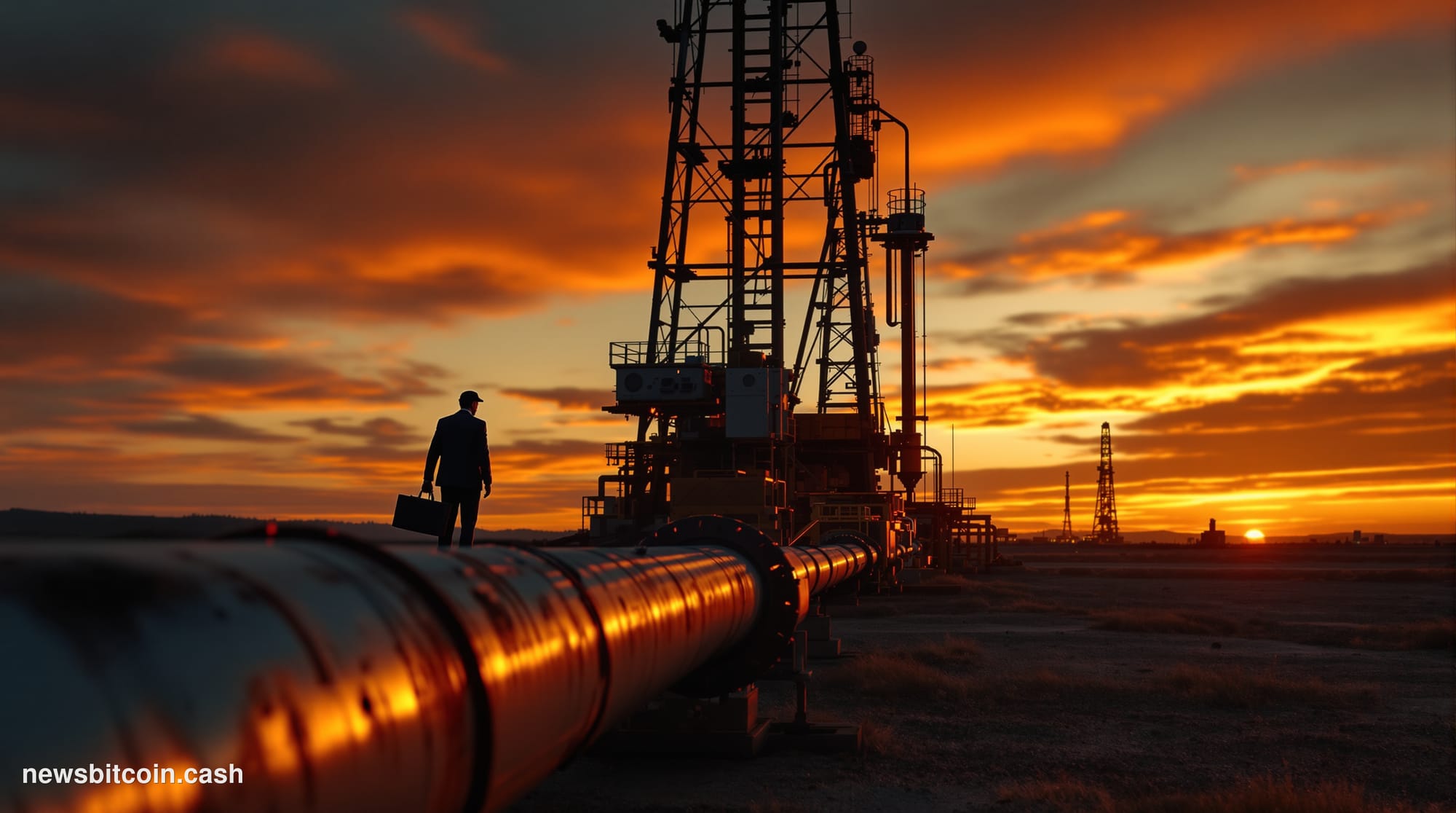 Cinematic photorealistic editorial photograph of an Argentine oil drilling platform at dusk in the Vaca Muerta shale basin, N