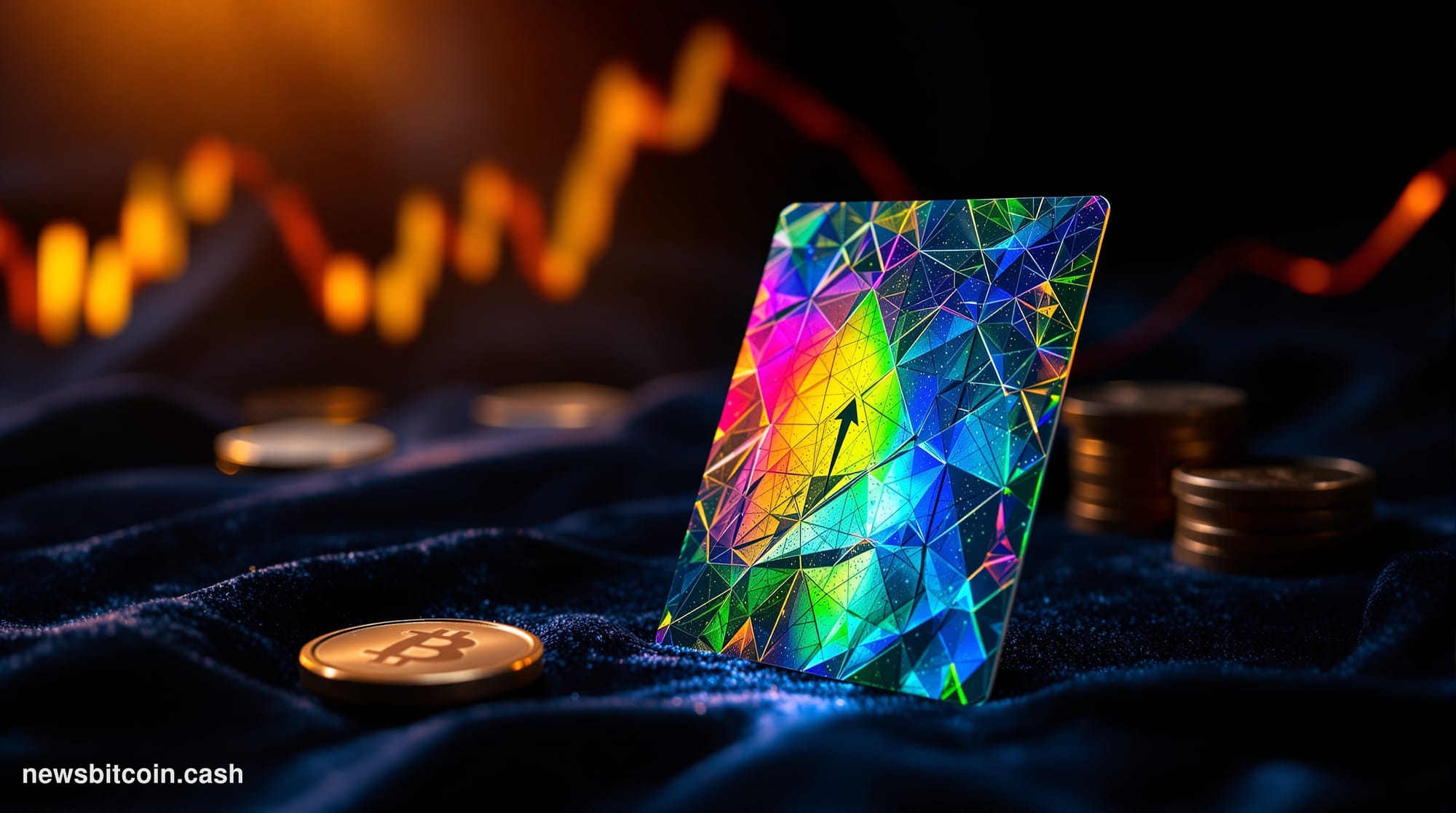 A cinematic photorealistic editorial photograph of a rare holographic Pokémon card displayed under dramatic spotlight illumin