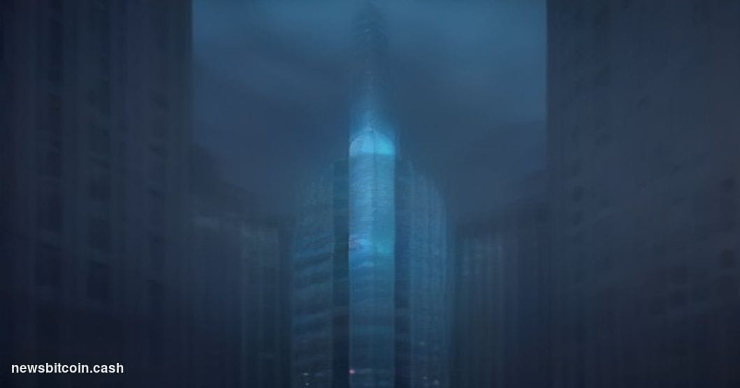 Cinematic photorealistic editorial photograph of the Polish Olympic Committee headquarters in Warsaw, Poland, shot at dusk wi