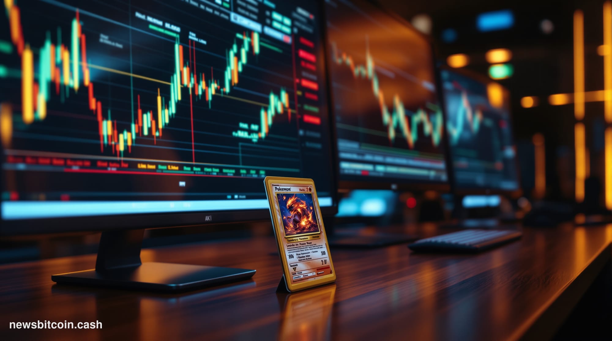Cinematic photorealistic editorial photograph of a sleek trading desk environment with dramatic side-lighting from the left c