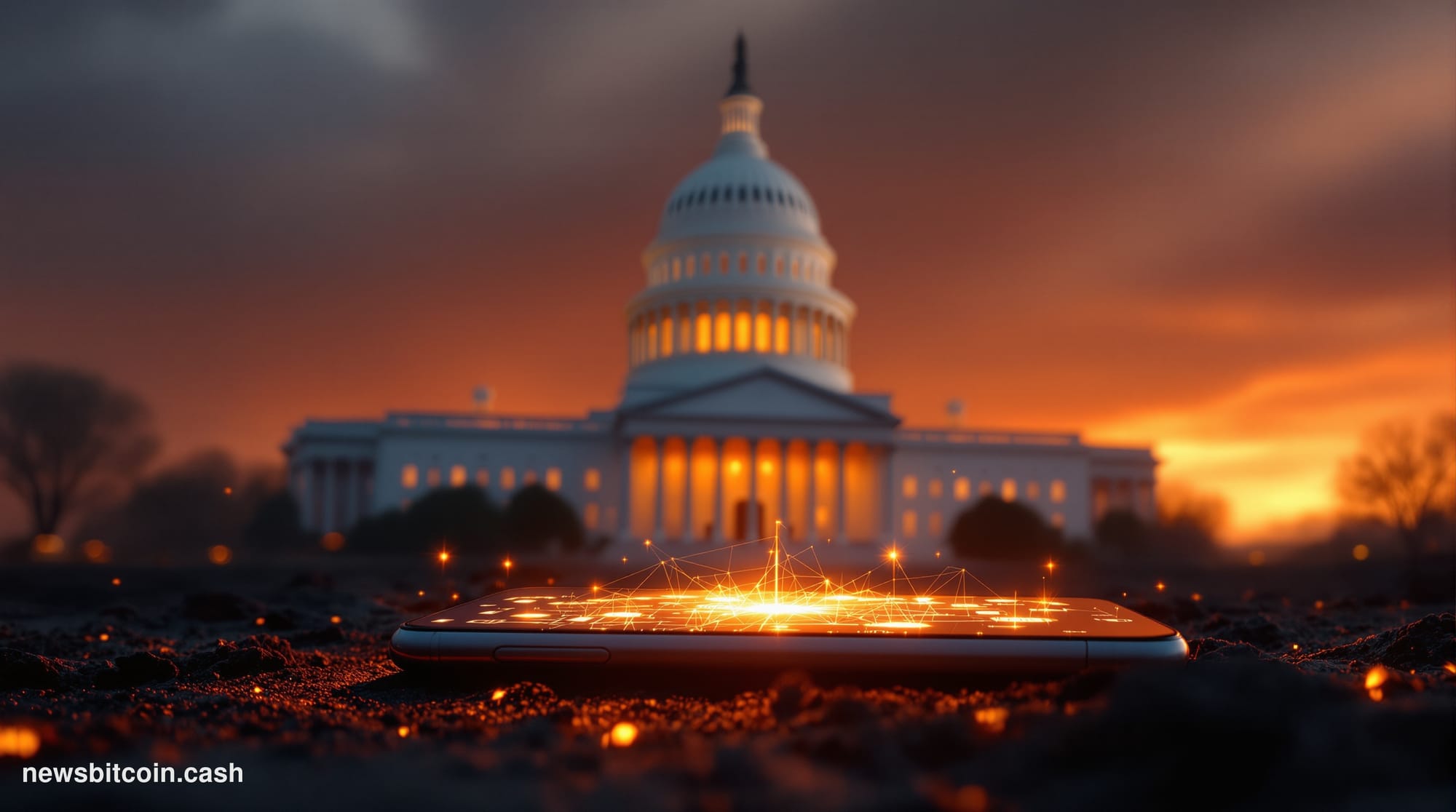Cinematic photorealistic editorial photograph shot at dusk from a low angle looking up at the United States Capitol dome, its