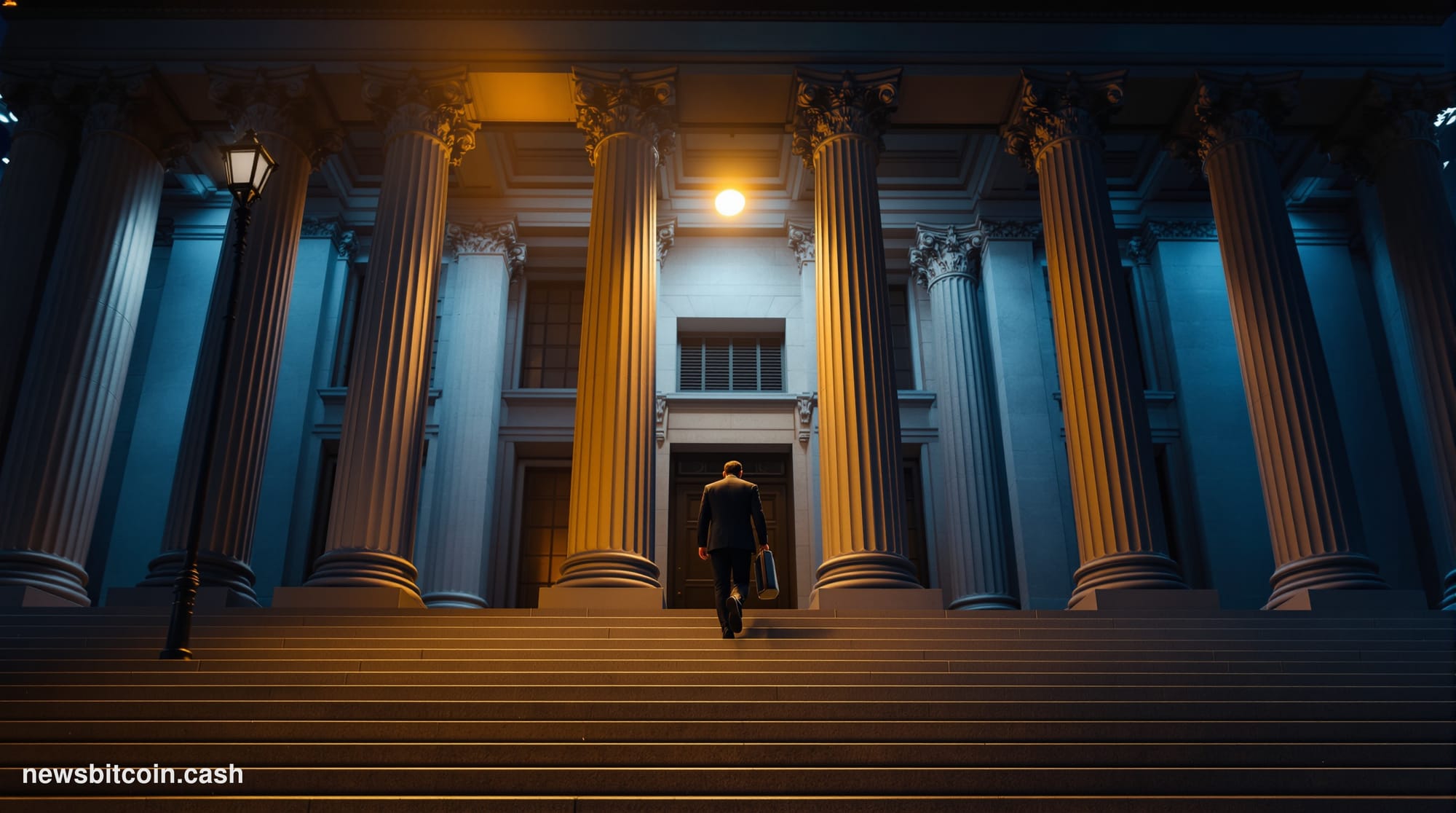 Cinematic photorealistic editorial photograph of the exterior of a federal courthouse in Manhattan, shot at dusk with dramati