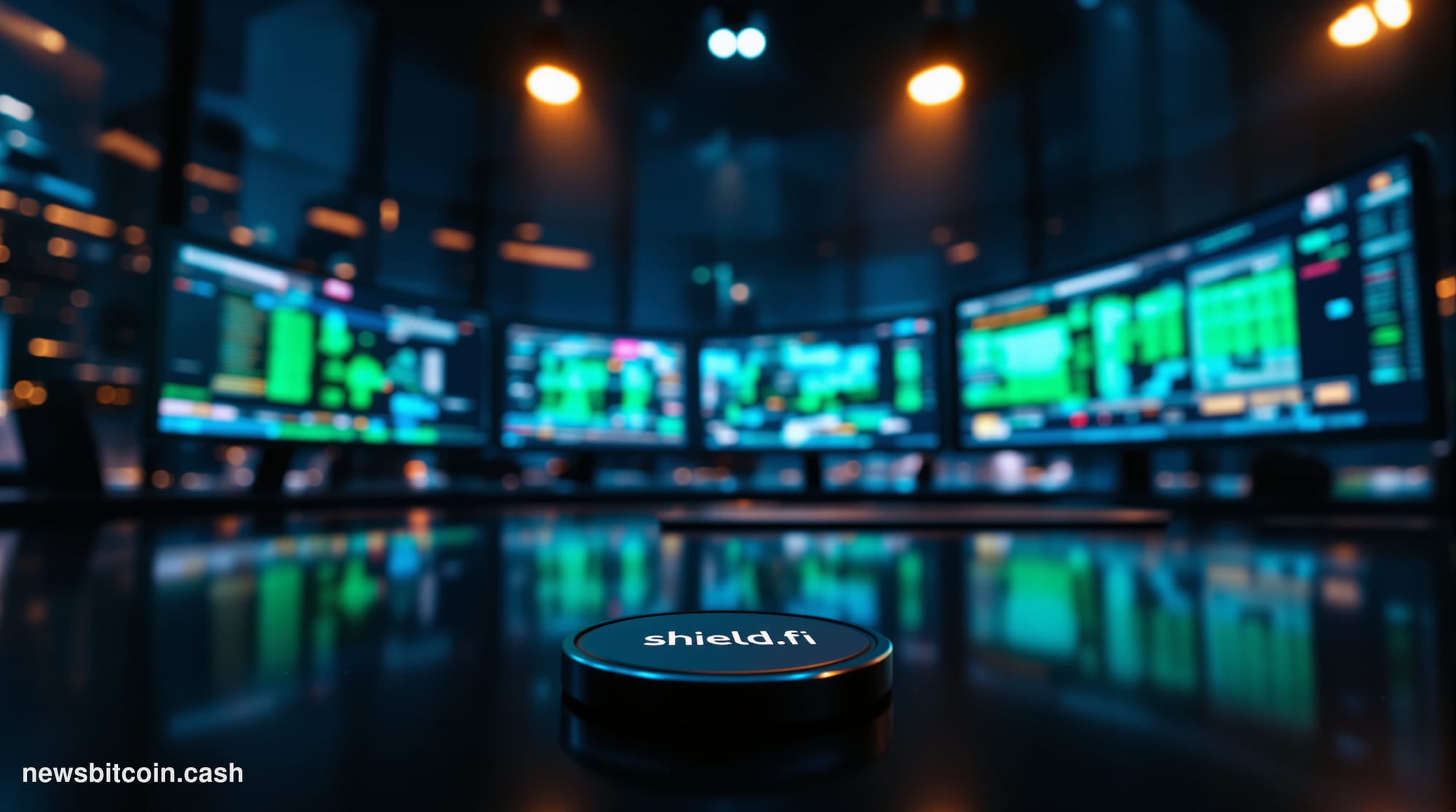 Cinematic photorealistic editorial photograph of a sleek, darkened institutional trading floor with multiple curved monitors 