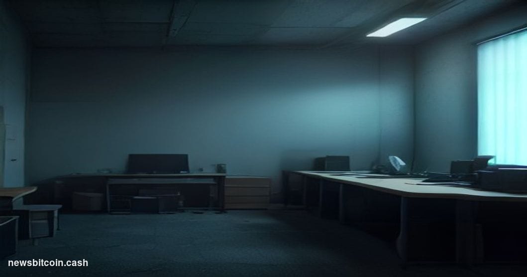 A cinematic photorealistic editorial photograph set inside a darkened, modern crypto startup office at night, with the glow o