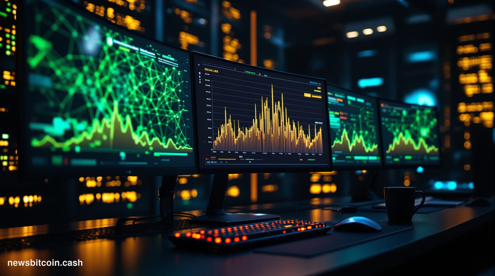A cinematic photorealistic editorial photograph taken inside a dimly lit trading operations center, dramatic low-angle shot l
