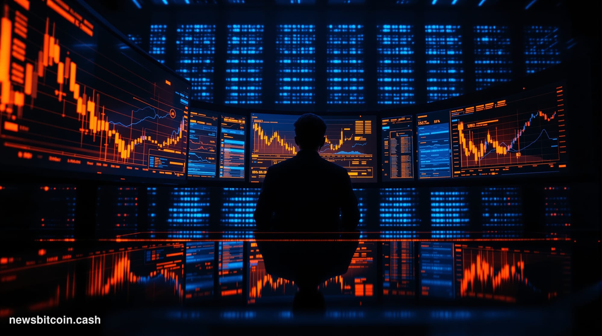 Cinematic photorealistic editorial photograph shot at a low angle looking up at a sleek cryptocurrency trading terminal inter