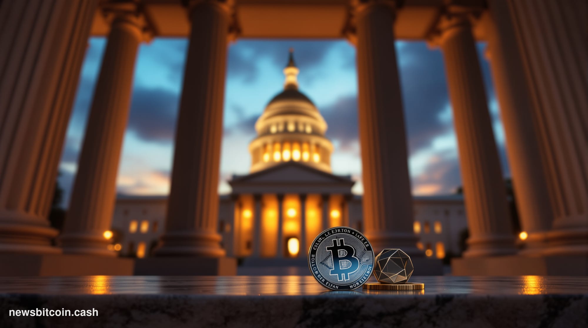 Cinematic photorealistic editorial photograph of the United States Capitol building at dusk, shot from a low angle on the wes