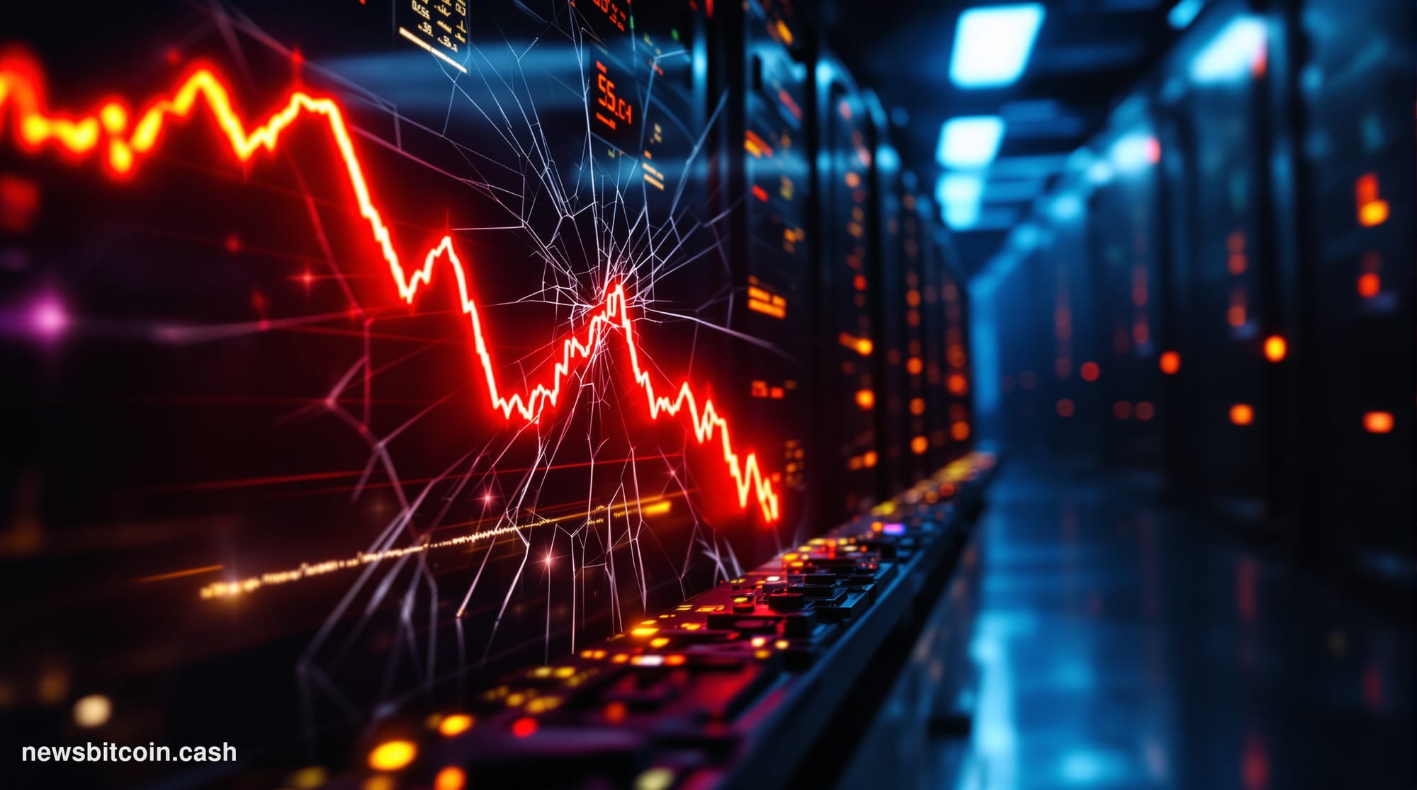 Cinematic photorealistic editorial photograph of a dark server room interior with rows of cryptocurrency mining rigs, their i