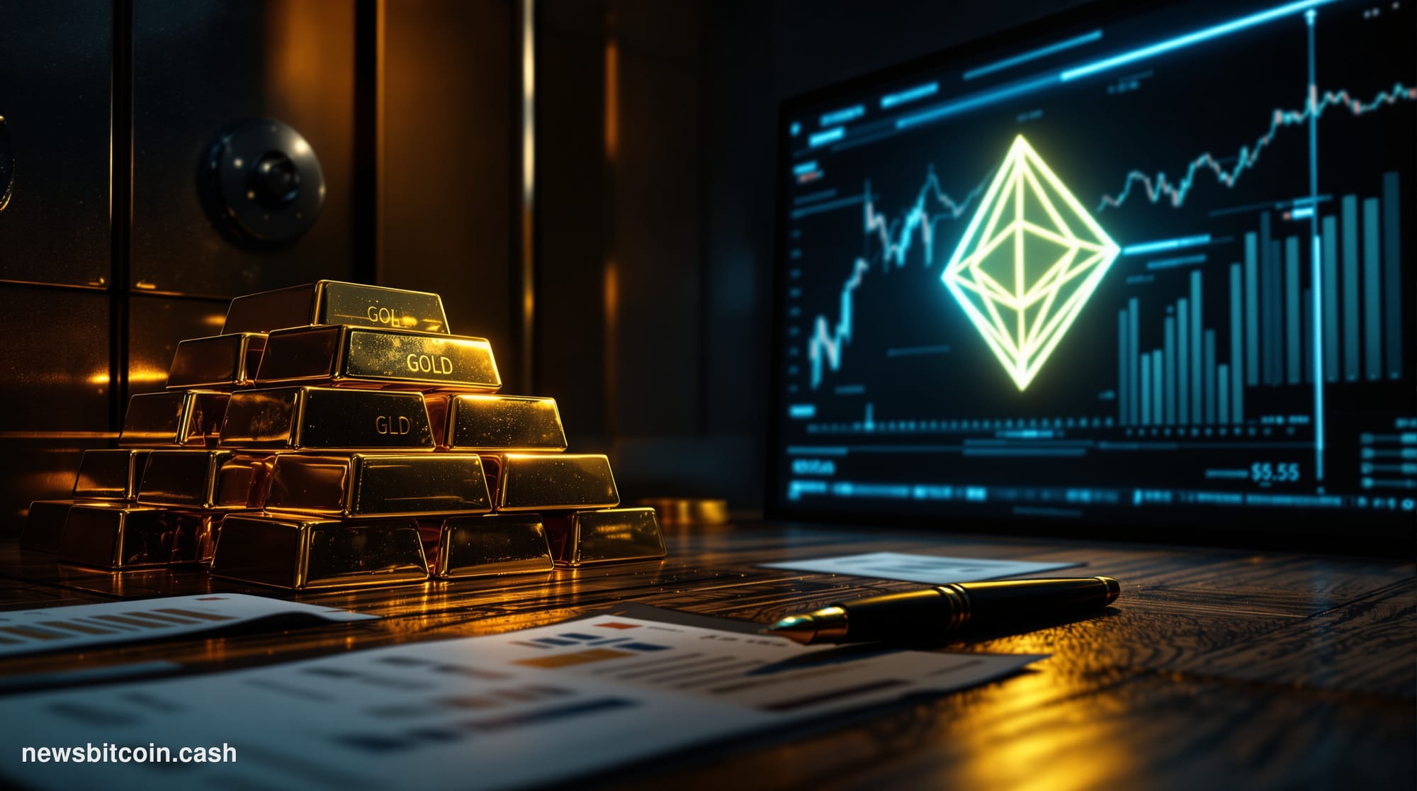 Cinematic photorealistic editorial photograph of a dramatic split-composition scene: on the left, stacked gleaming gold bars 