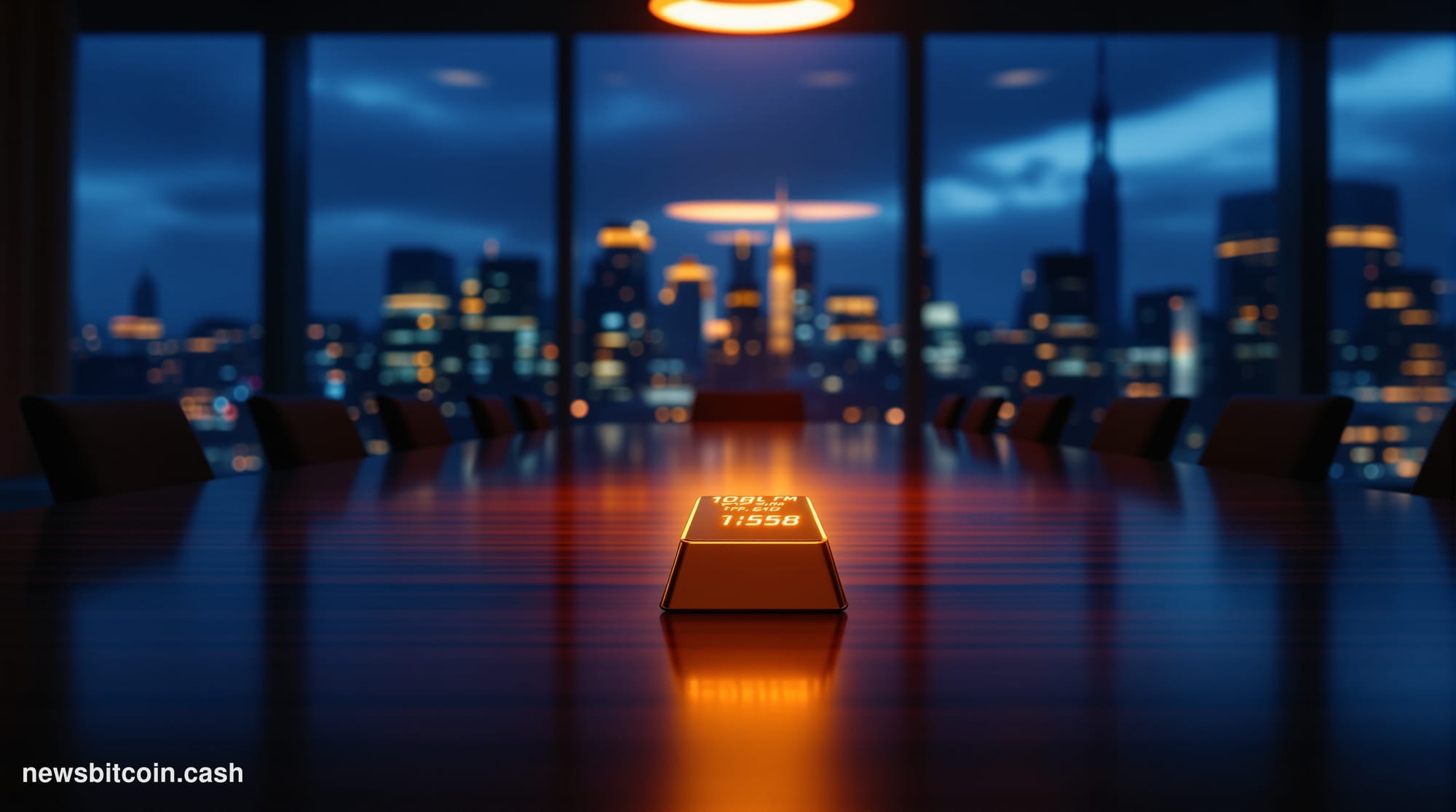 Cinematic photorealistic editorial photograph of a grand, dimly lit Wall Street-style boardroom at dusk, with floor-to-ceilin