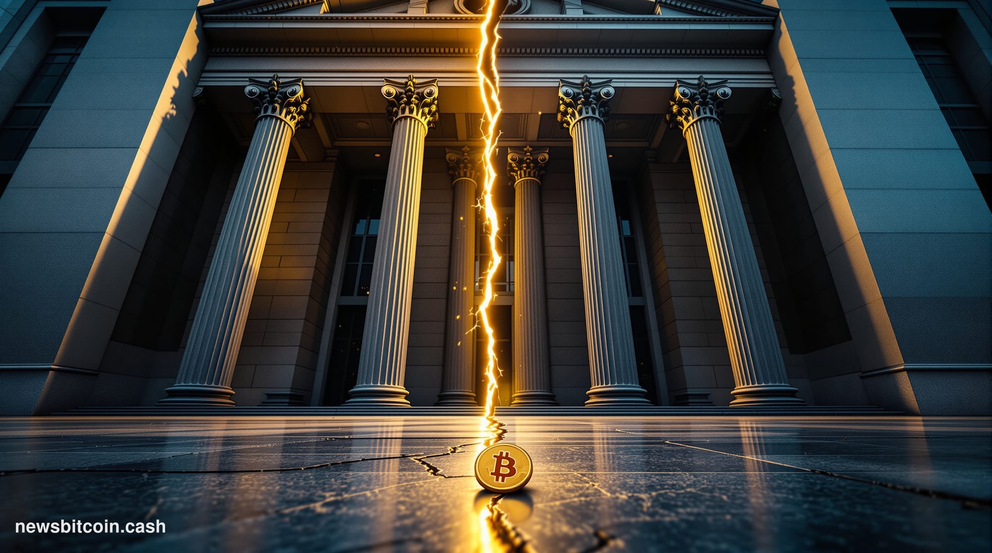 Cinematic photorealistic editorial photograph shot at a low angle looking up at the facade of a monumental central bank build