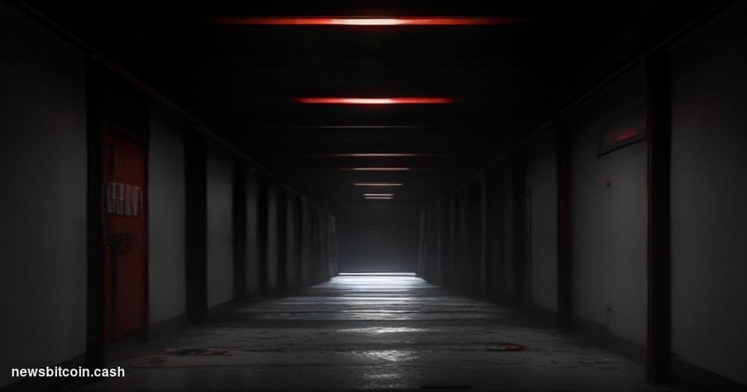 Cinematic photorealistic editorial photograph of a darkened server room corridor with emergency red lighting casting harsh sh